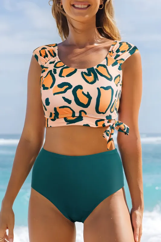 Green Leopard Print U Neck Knotted High Waist Bikini Set sold by Beagle Boutique