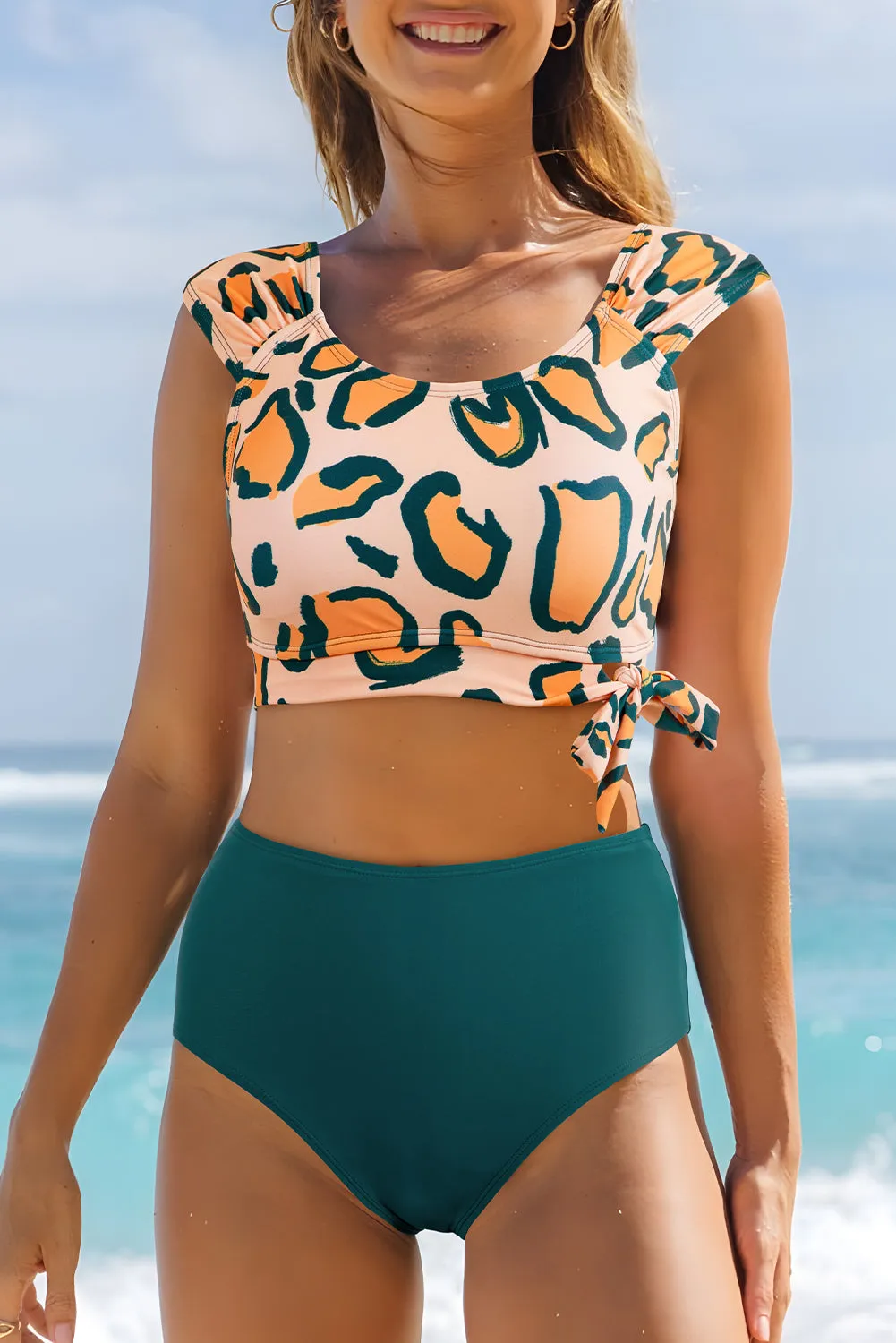 Green Leopard Print U Neck Knotted High Waist Bikini Set sold by Beagle Boutique