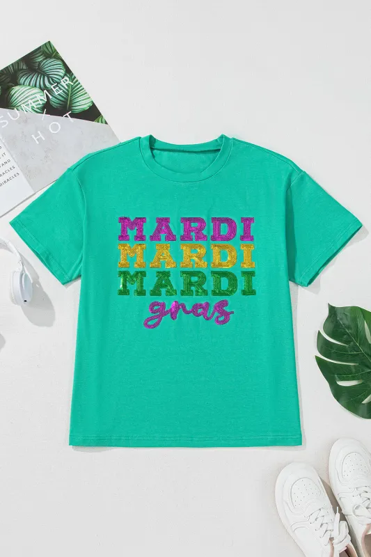 Sea Green Sequin Mardi Gras Letter Graphic T Shirt sold by Beagle Boutique
