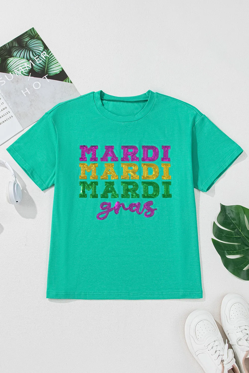 Sea Green Sequin Mardi Gras Letter Graphic T Shirt sold by Beagle Boutique