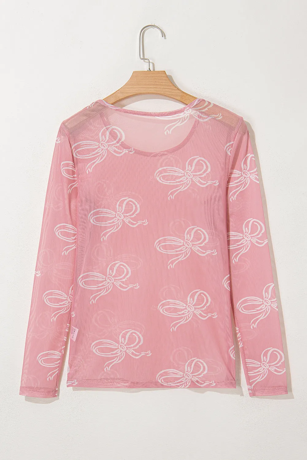Pink Round Neck Bow Print Long Sleeve Mesh Top sold by Beagle Boutique product image thumbnail 5