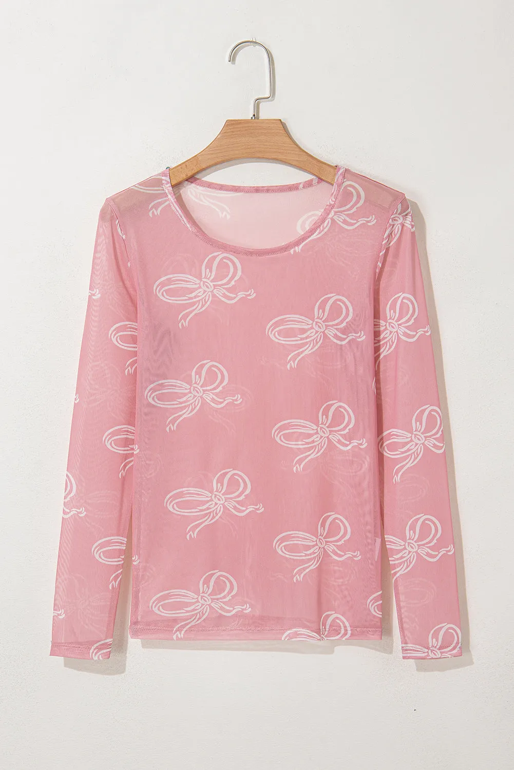 Pink Round Neck Bow Print Long Sleeve Mesh Top sold by Beagle Boutique product image thumbnail 4