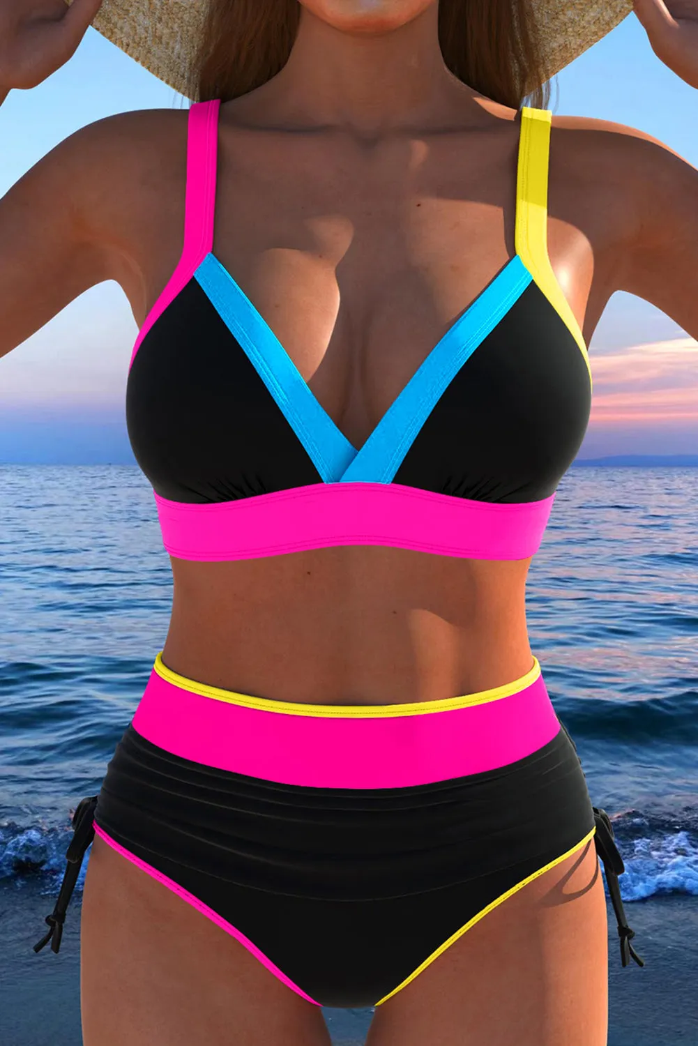 Black Colour Block Drawstring Side V Neck High Waist Bikini Set sold by Beagle Boutique product image thumbnail 5
