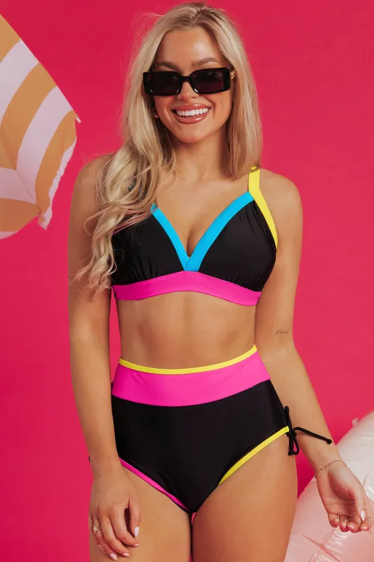 Black Colour Block Drawstring Side V Neck High Waist Bikini Set sold by Beagle Boutique