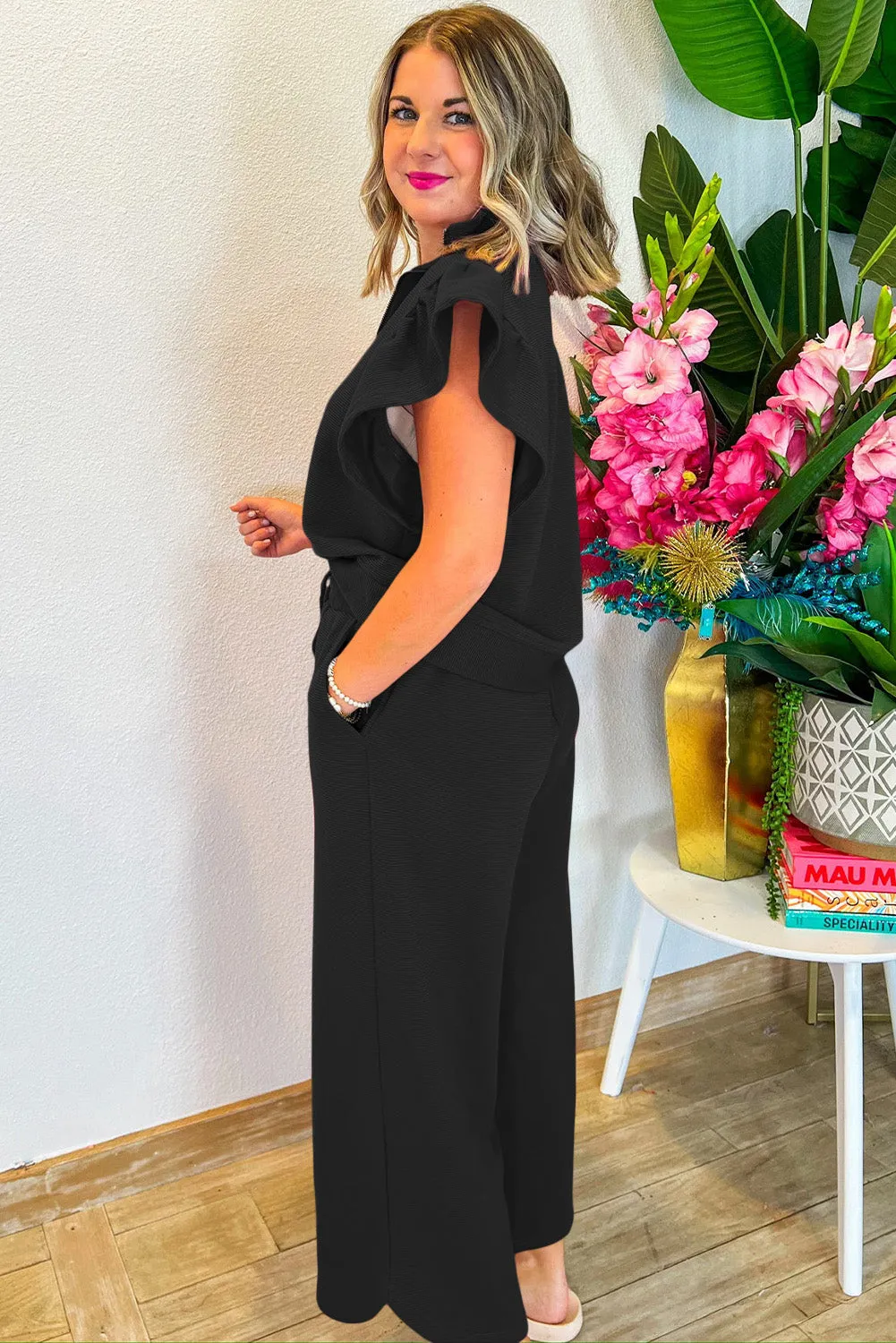 Black Textured Ruffled Sleeve Zipped Top and Wide Leg Trousers Set sold by Beagle Boutique product image thumbnail 4