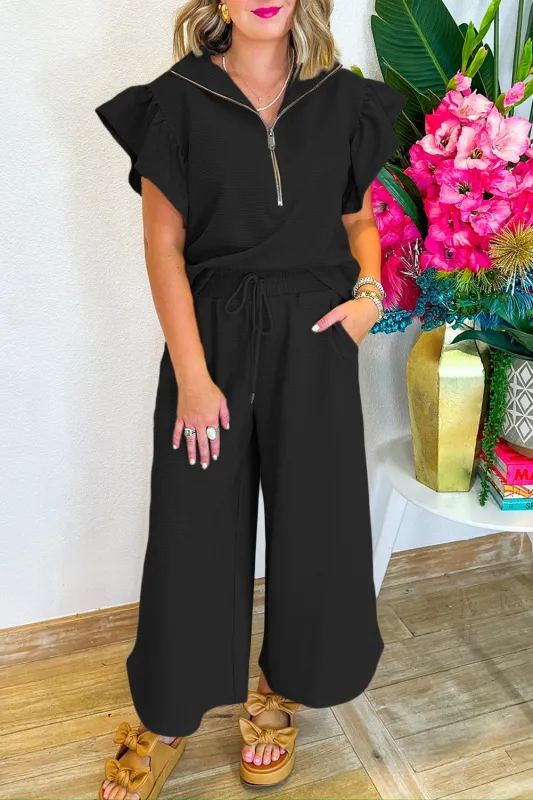 Black Textured Ruffled Sleeve Zipped Top and Wide Leg Trousers Set sold by Beagle Boutique