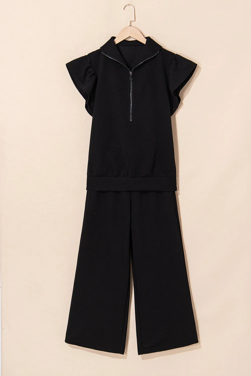 Black Textured Ruffled Sleeve Zipped Top and Wide Leg Trousers Set sold by Beagle Boutique product image thumbnail 5