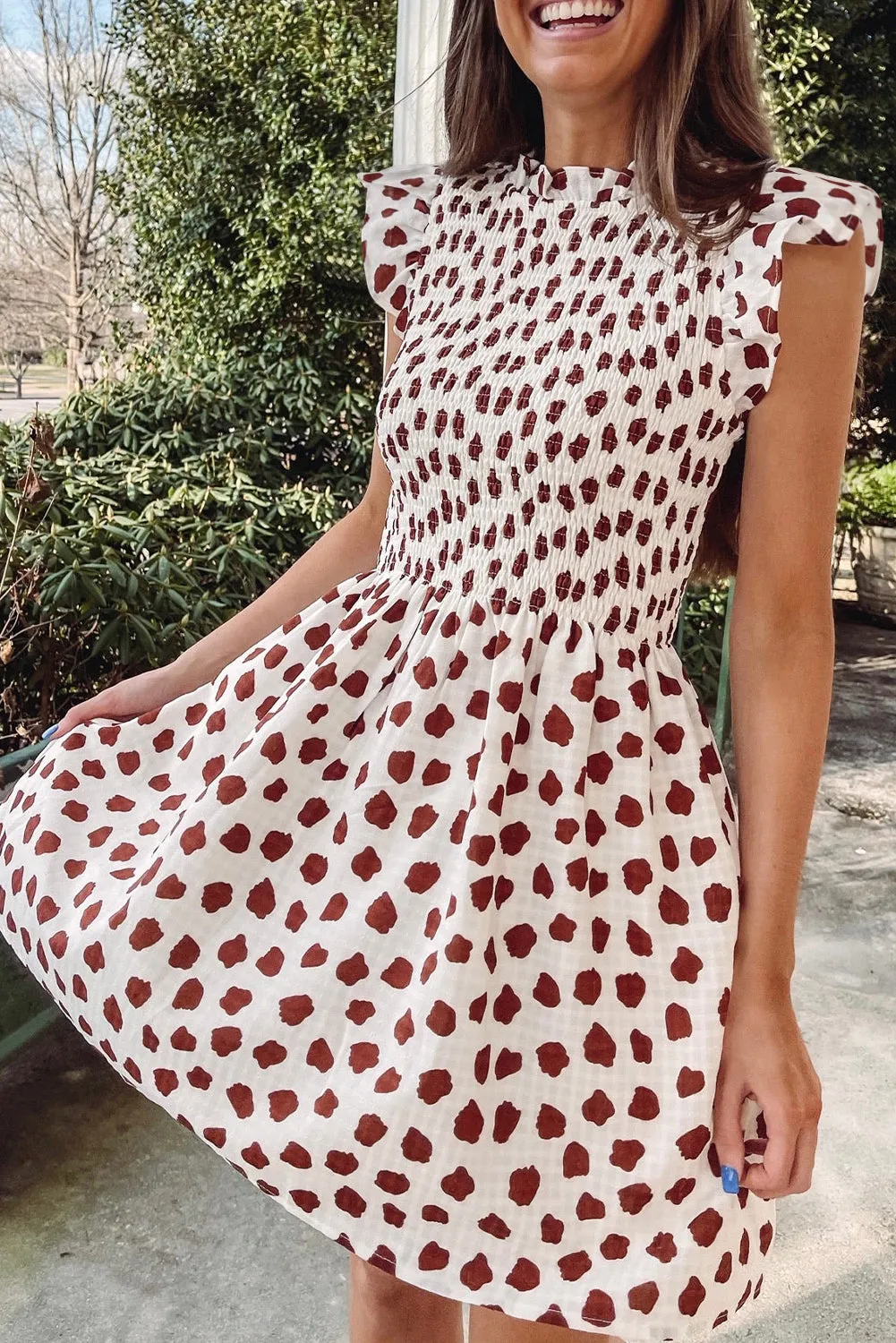 Brown Abstract Printed Flutter Sleeve Smocked Bodice Short Dress sold by Beagle Boutique