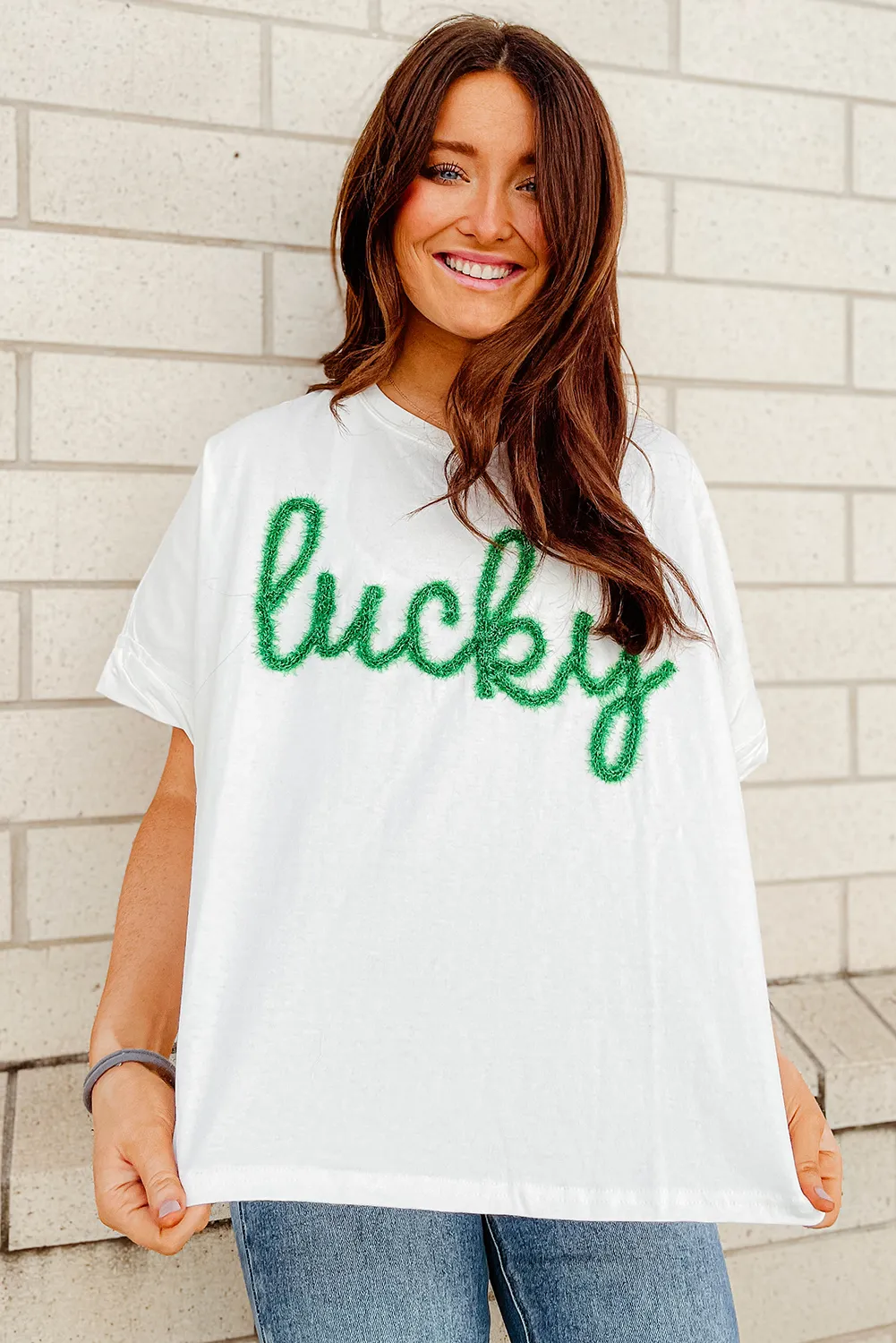 White Lucky Tinsel Graphic St Patrick Fashion Tee sold by Beagle Boutique product image thumbnail 3