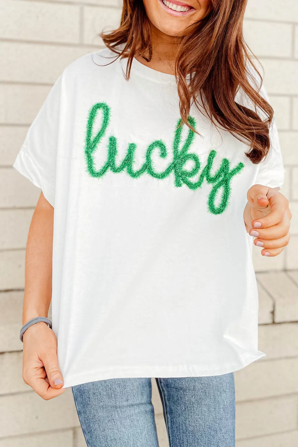 White Lucky Tinsel Graphic St Patrick Fashion Tee sold by Beagle Boutique