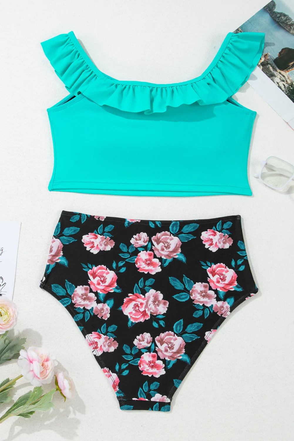 Sea Green Solid Ruffled Square Neck Swim Top and Floral Shorts Bikini Set sold by Beagle Boutique product image thumbnail 5