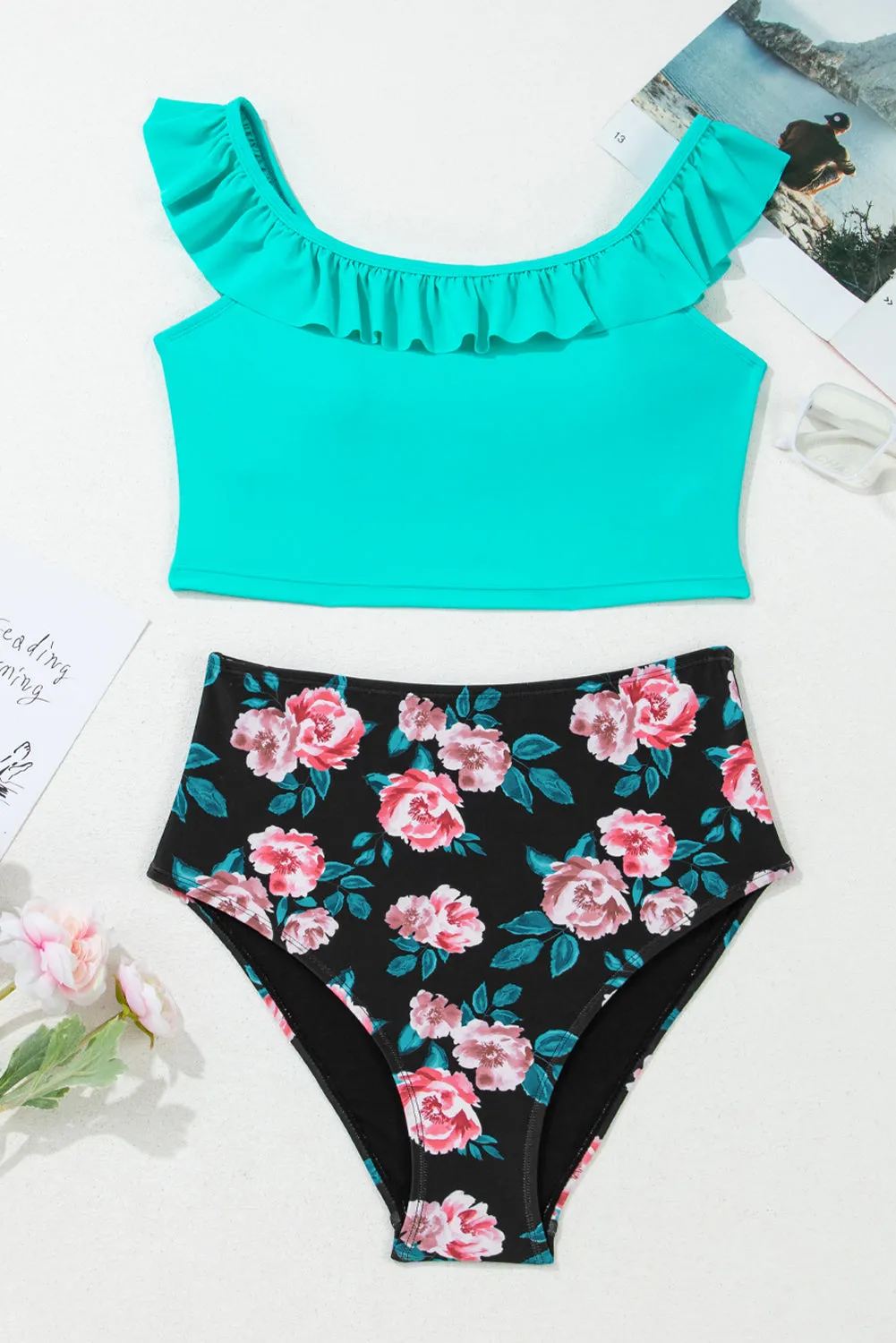Sea Green Solid Ruffled Square Neck Swim Top and Floral Shorts Bikini Set sold by Beagle Boutique product image thumbnail 4