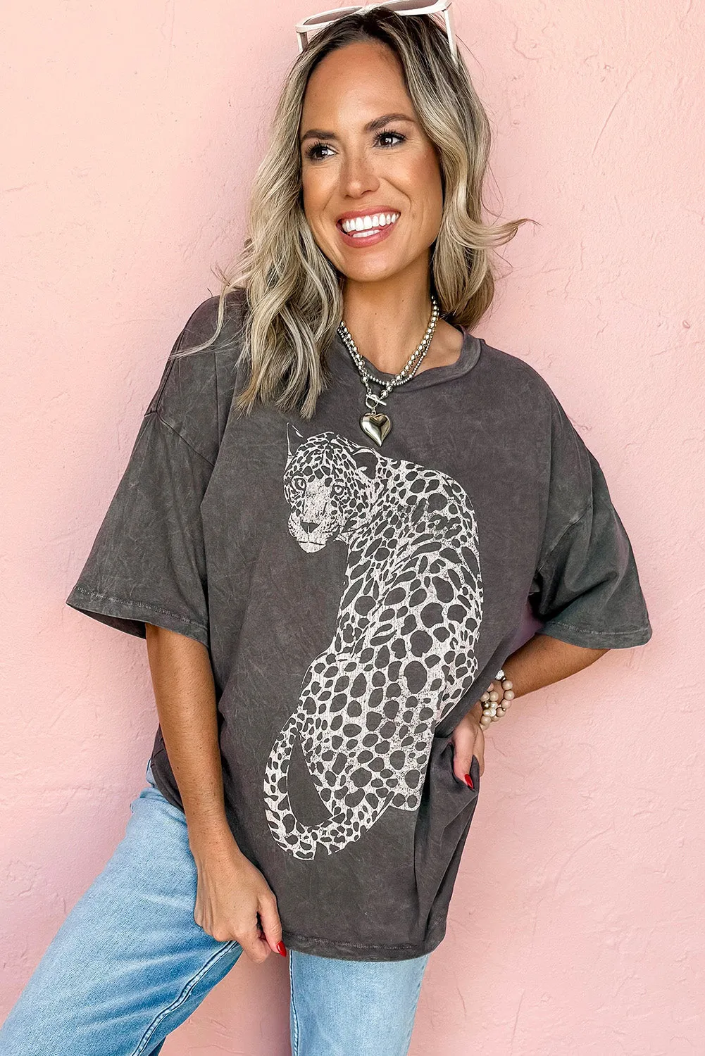 Medium Grey Vintage Cheetah Printed Mineral Wash Graphic Tee sold by Beagle Boutique product image thumbnail 3