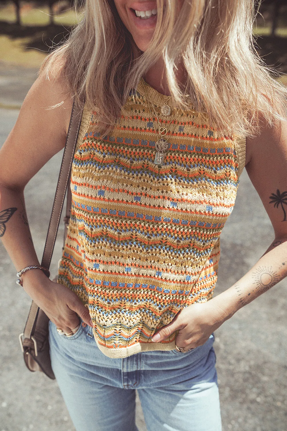 Brown Stripe Eyelet Crochet Round Neck Sweater Tank Top sold by Beagle Boutique