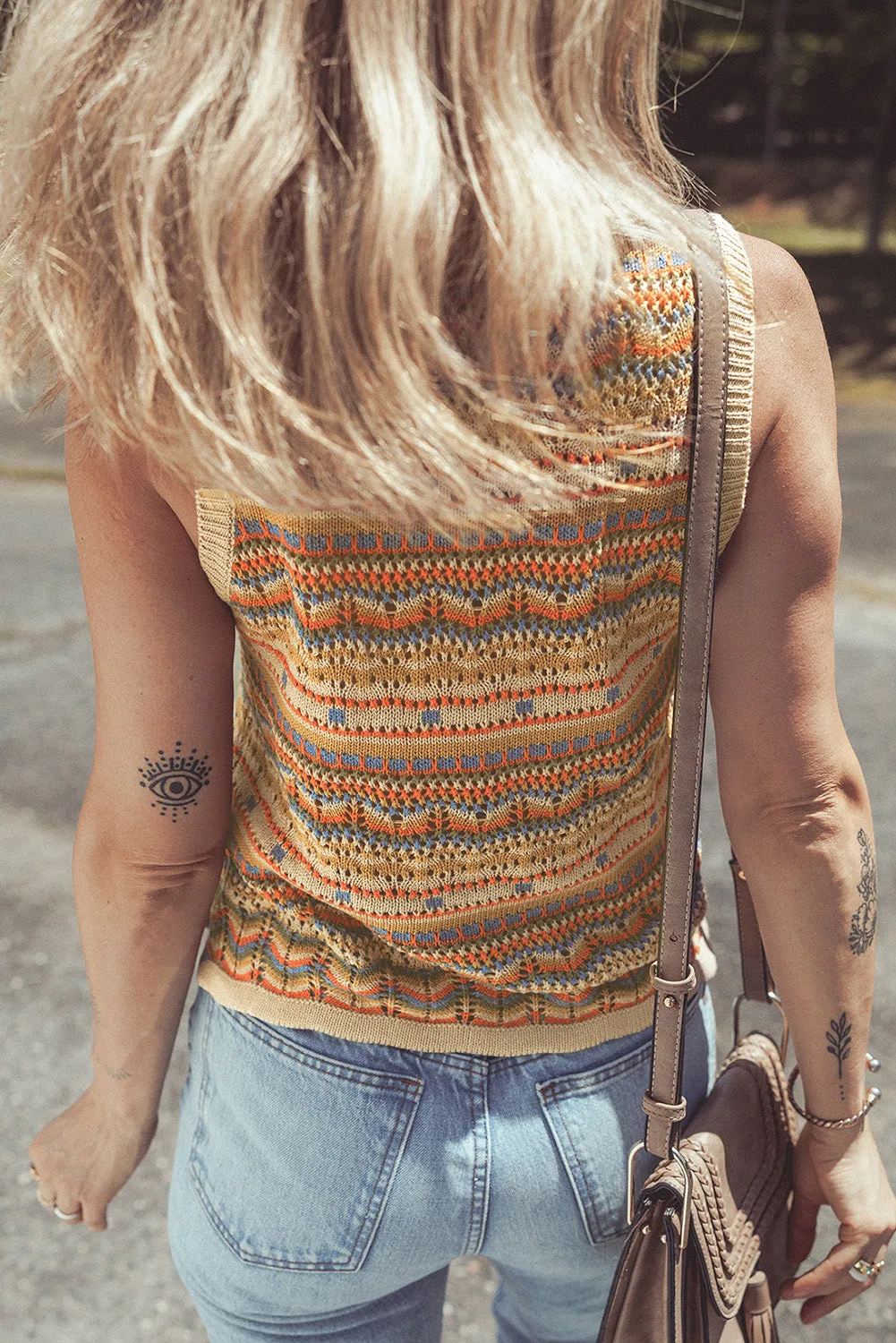 Brown Stripe Eyelet Crochet Round Neck Sweater Tank Top sold by Beagle Boutique product image thumbnail 2