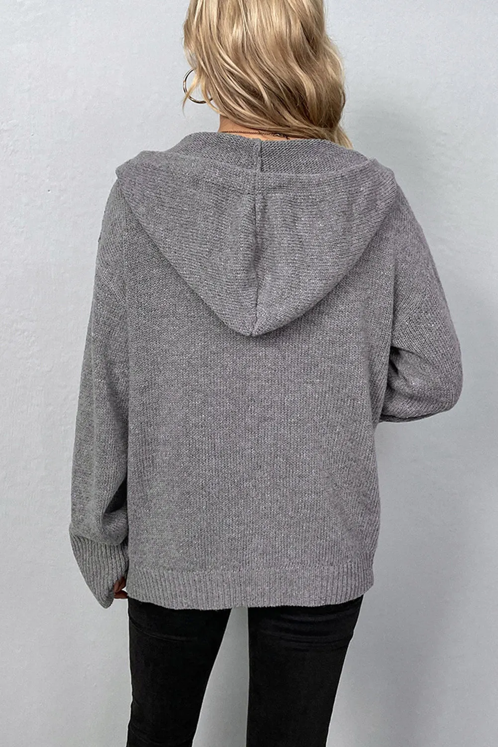 Medium Grey Drawstring Hooded Button Up Drop Shoulder Sweater Cardigan sold by Beagle Boutique product image thumbnail 2
