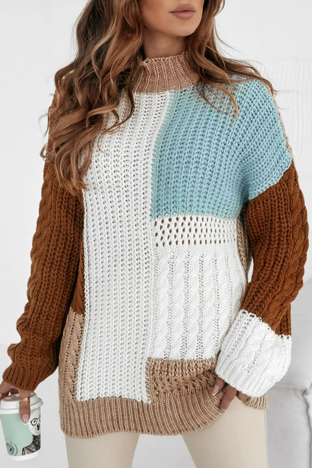 Khaki Mix Textured Knit Colourblock Patchwork Sweater sold by Beagle Boutique product image thumbnail 4