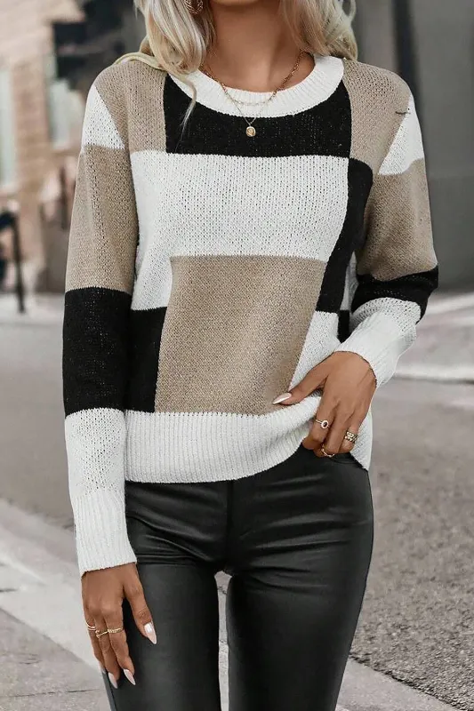 Black Plaid Patchwork Long Sleeve Knitted Sweater sold by Beagle Boutique