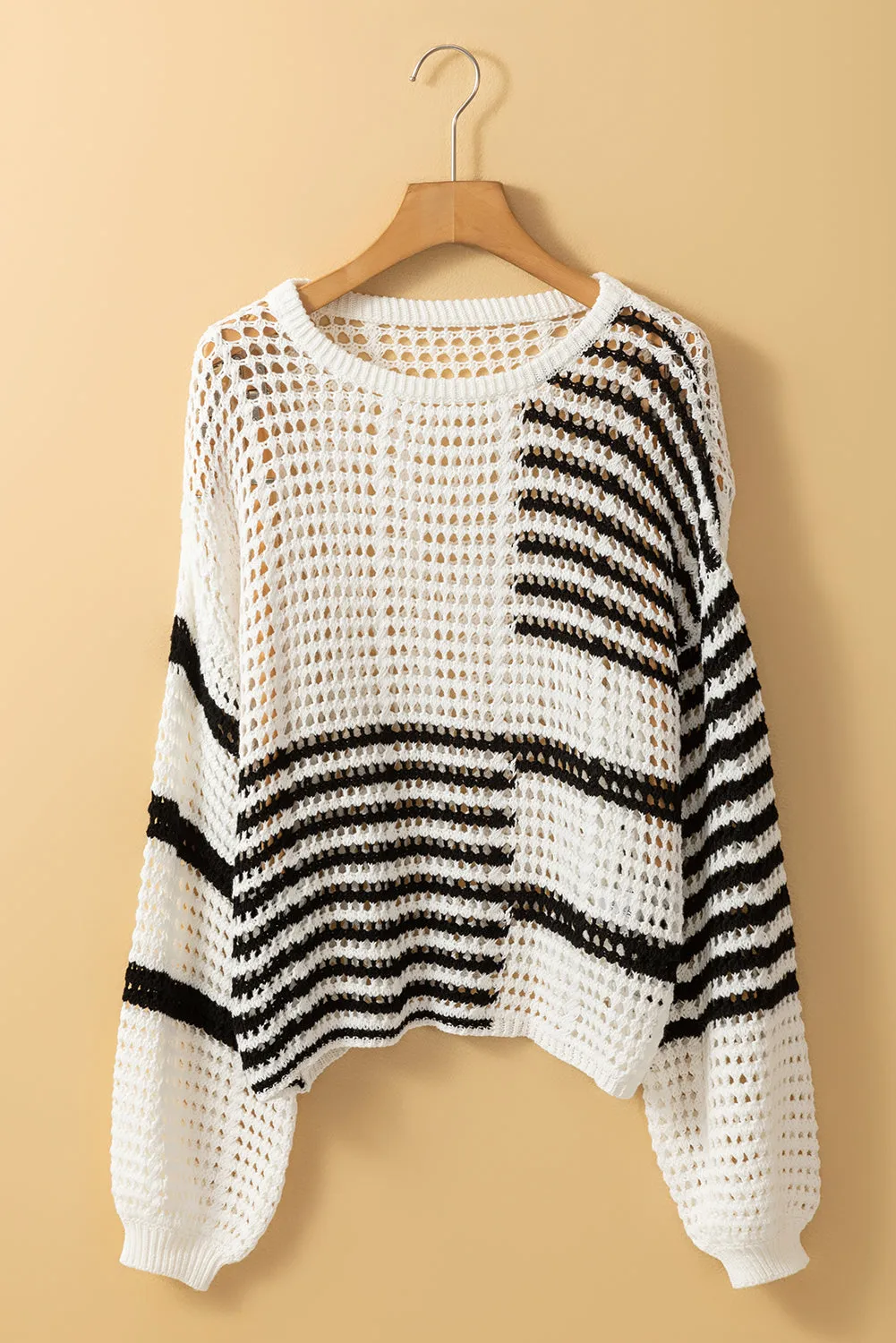 White Stripe Contrast Striped Crochet Puff Sleeve Sweater sold by Beagle Boutique product image thumbnail 4