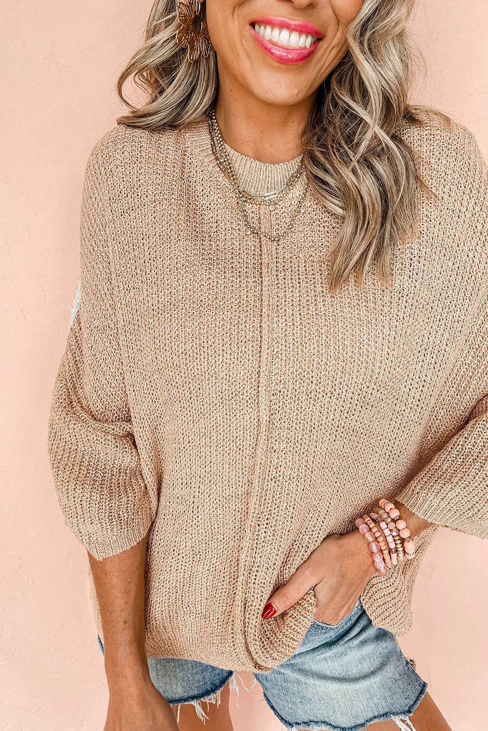 Light French Beige Contrast Striped 3/4 Sleeve Crew Neck Sweater sold by Beagle Boutique product image thumbnail 4