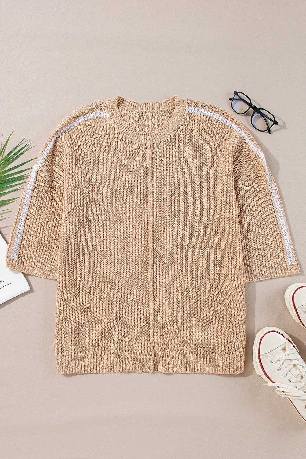 Light French Beige Contrast Striped 3/4 Sleeve Crew Neck Sweater sold by Beagle Boutique product image thumbnail 5