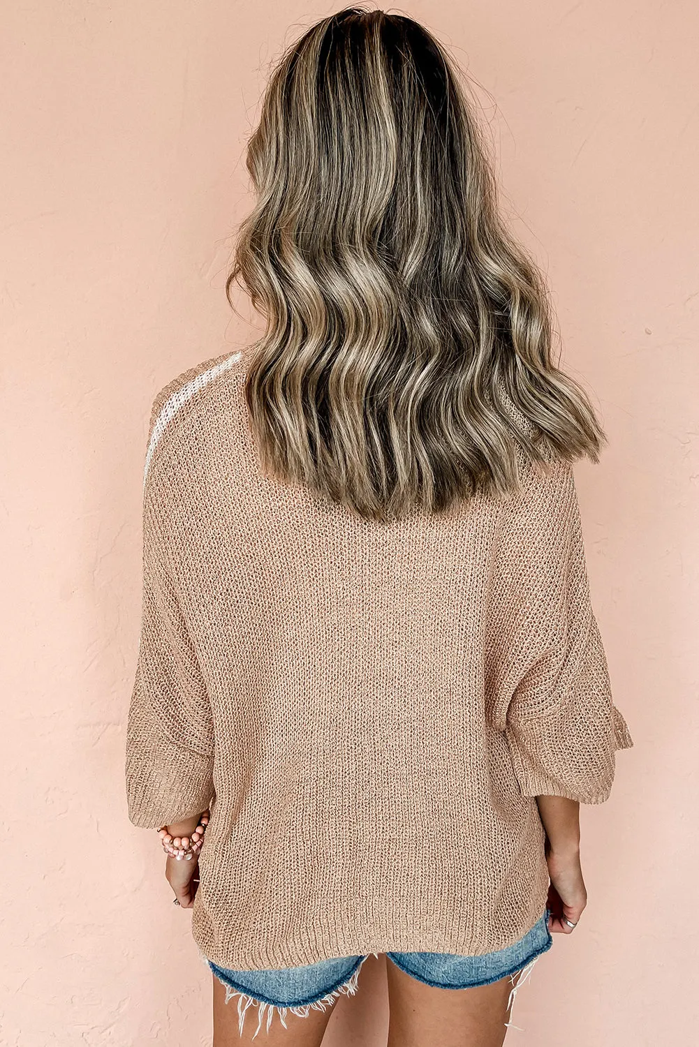 Light French Beige Contrast Striped 3/4 Sleeve Crew Neck Sweater sold by Beagle Boutique product image thumbnail 2