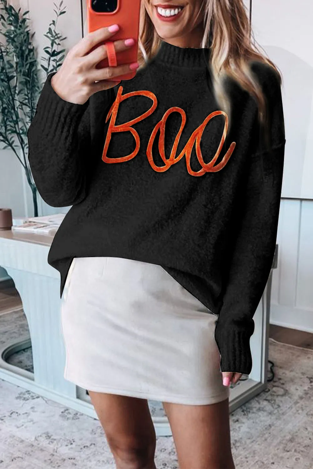 Black Boo Knitted Pattern Ribbed Edge Drop Shoulder Sweater sold by Beagle Boutique product image thumbnail 4