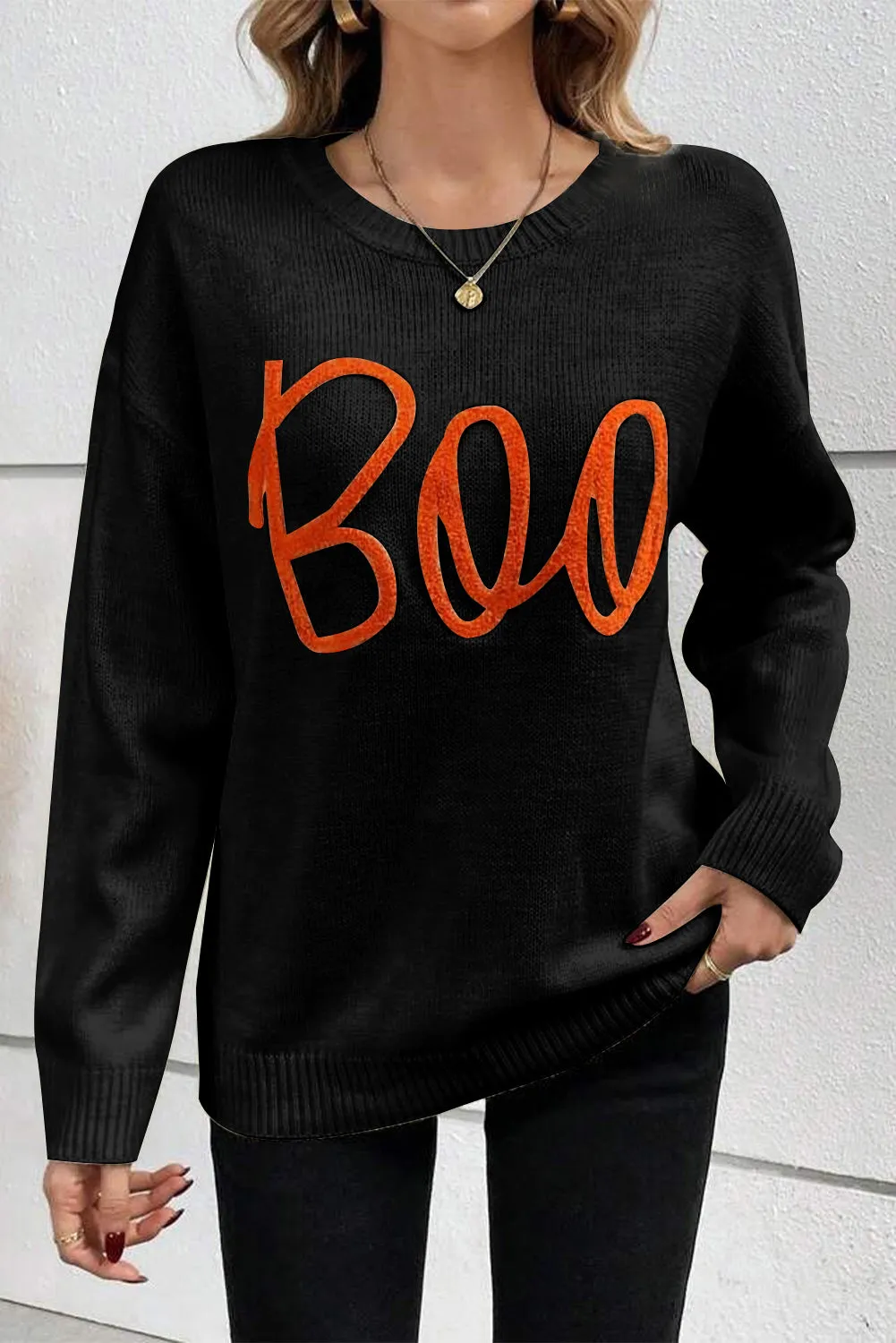 Black Boo Knitted Pattern Ribbed Edge Drop Shoulder Sweater sold by Beagle Boutique product image thumbnail 3