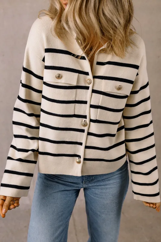 Black Stripe Flap Pocket Buttoned Cardigan Sweater sold by Beagle Boutique