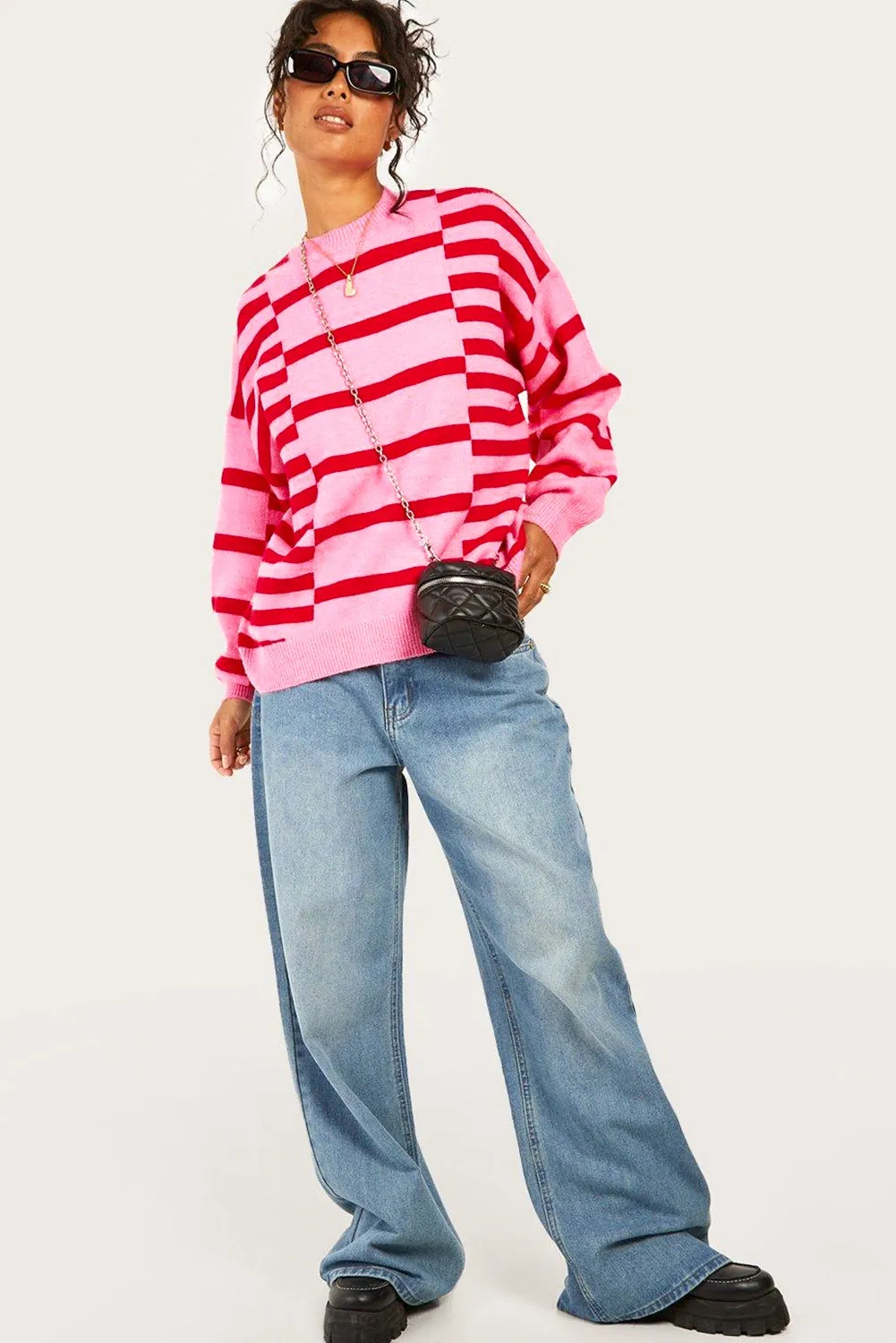 Pink Stripe Bubble Sleeve Drop Shoulder Ribbed Trim Sweater sold by Beagle Boutique product image thumbnail 4