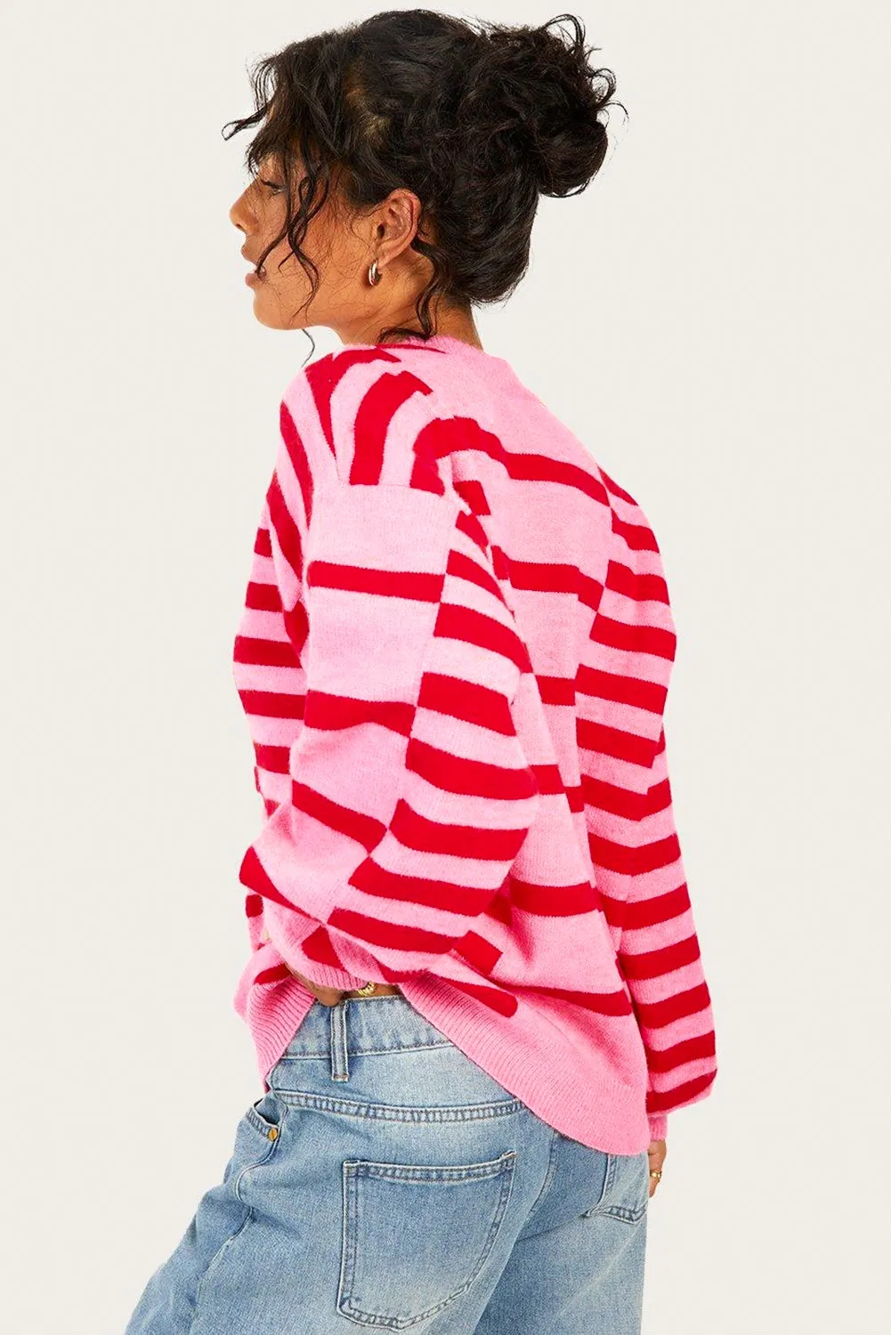 Pink Stripe Bubble Sleeve Drop Shoulder Ribbed Trim Sweater sold by Beagle Boutique product image thumbnail 2