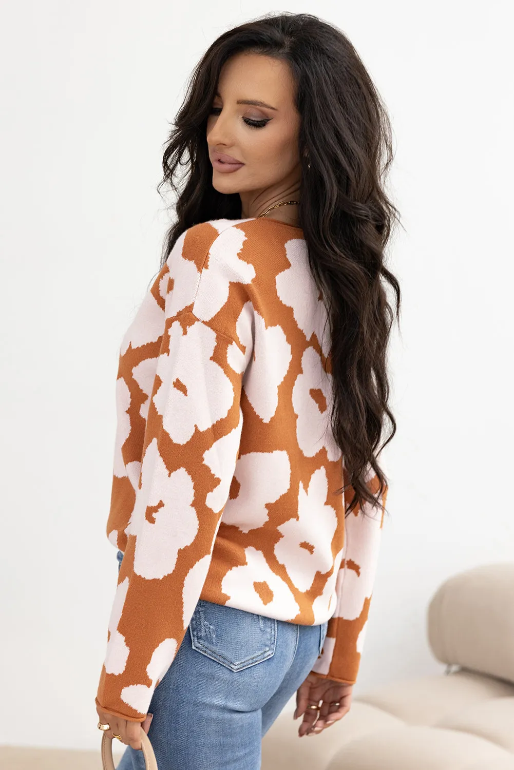 Brown Floral Pattern Crew Neck Long Sleeve Loose Sweater sold by Beagle Boutique product image thumbnail 2