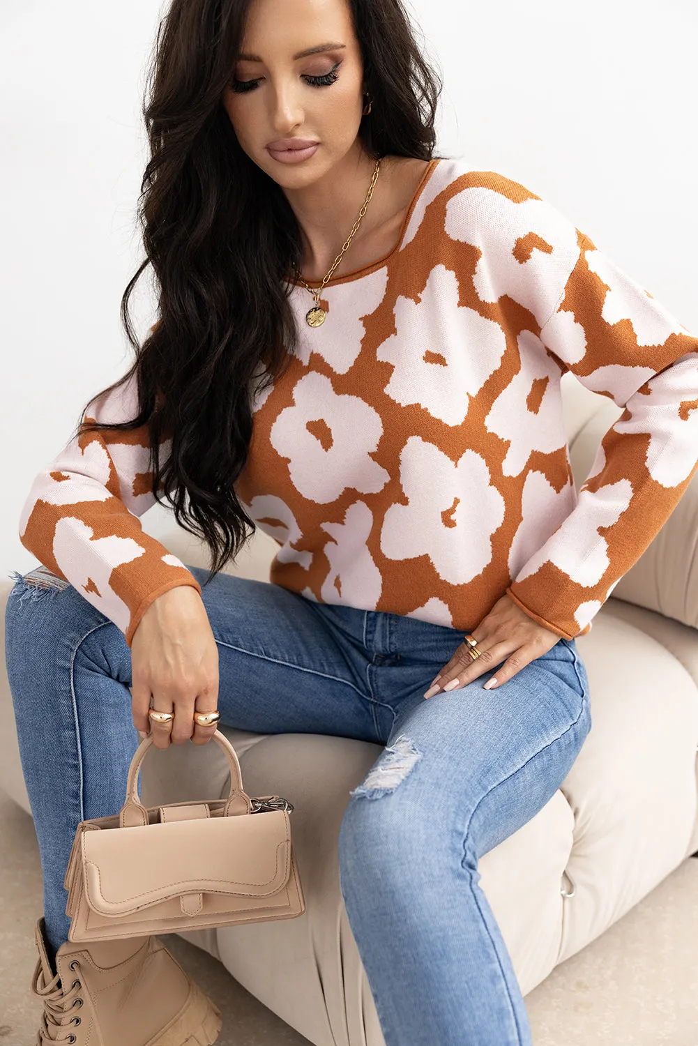 Brown Floral Pattern Crew Neck Long Sleeve Loose Sweater sold by Beagle Boutique product image thumbnail 4