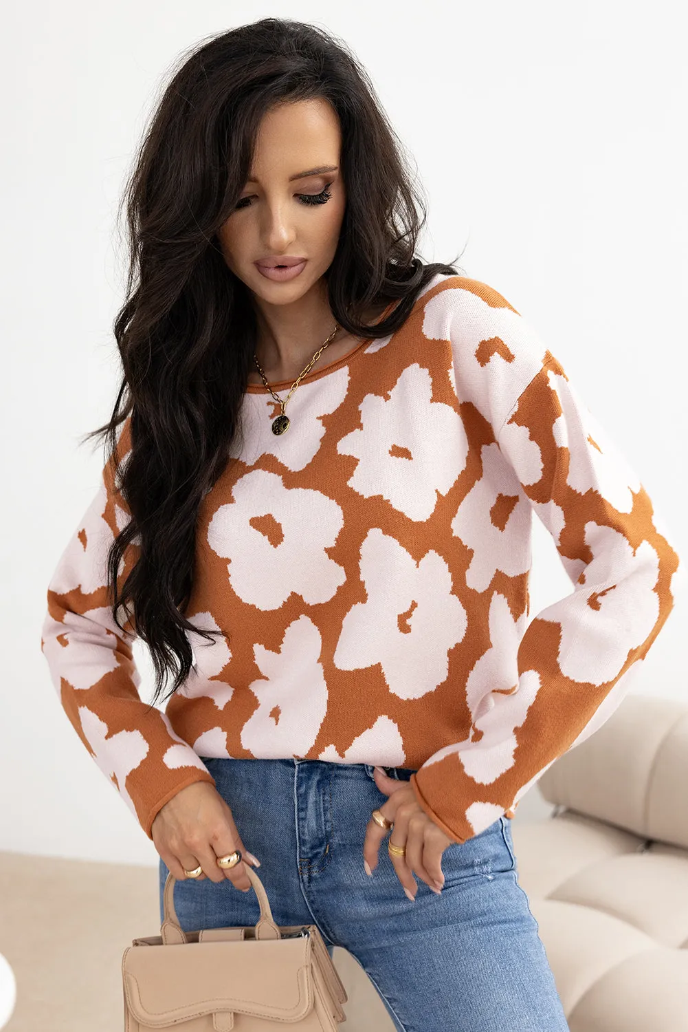 Brown Floral Pattern Crew Neck Long Sleeve Loose Sweater sold by Beagle Boutique product image thumbnail 3