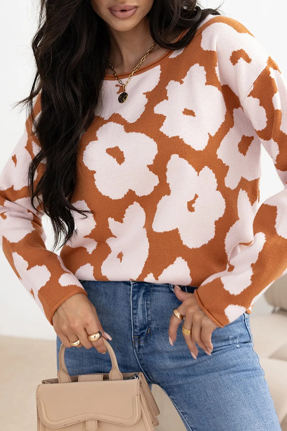 Brown Floral Pattern Crew Neck Long Sleeve Loose Sweater sold by Beagle Boutique