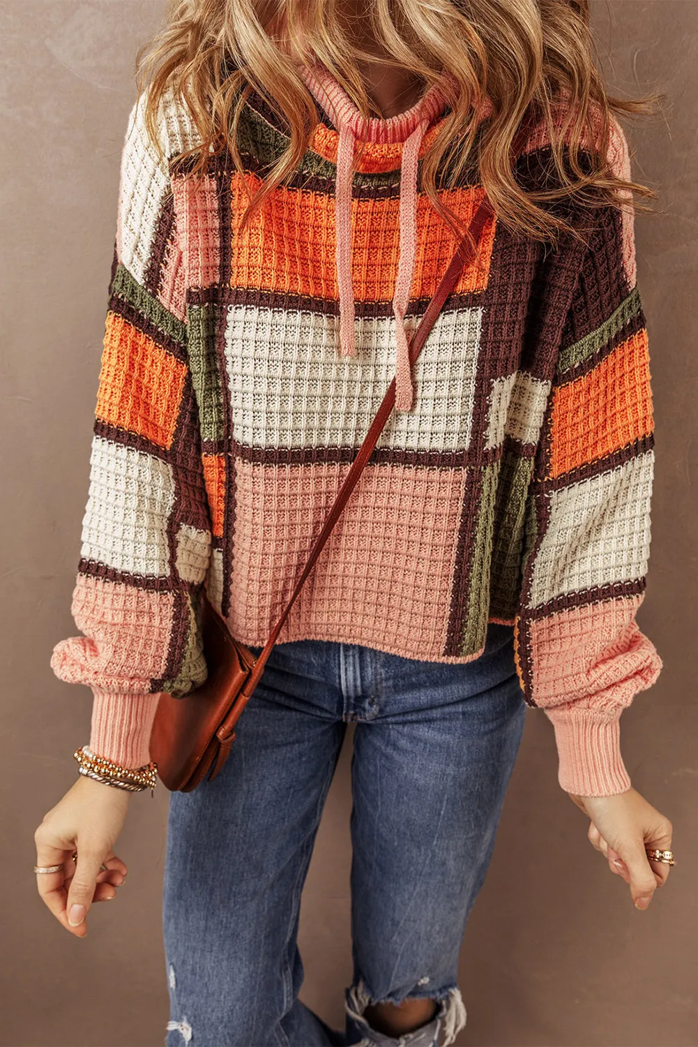 Orange Colour Block Waffle Knit Drawstring Mock Neck Sweater sold by Beagle Boutique product image thumbnail 3