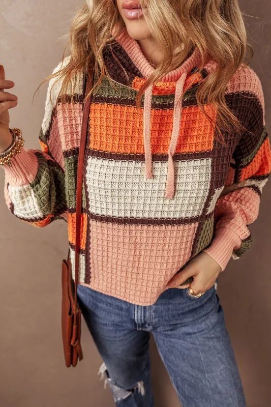 Orange Colour Block Waffle Knit Drawstring Mock Neck Sweater sold by Beagle Boutique