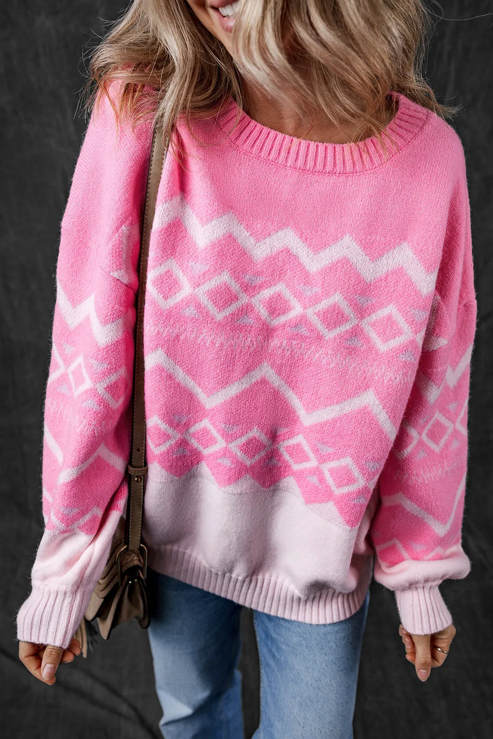 Pink Western Aztec Geometric Drop Shoulder Sweater sold by Beagle Boutique