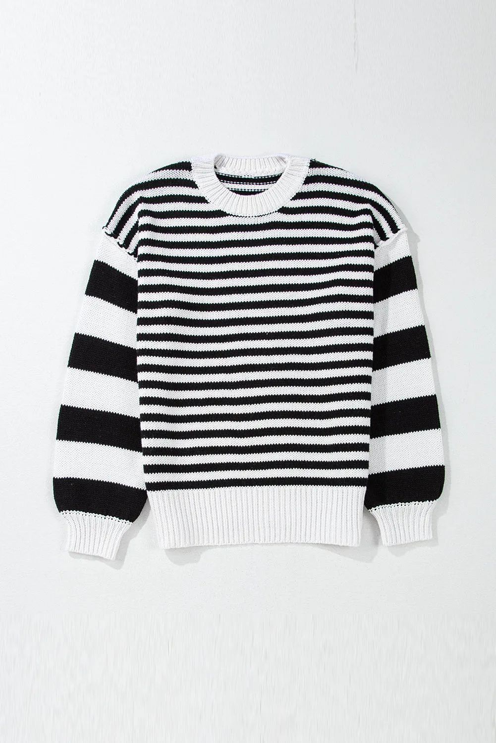 Black white Striped Drop Shoulder Bishop Sleeve Knit Sweater sold by Beagle Boutique product image thumbnail 5