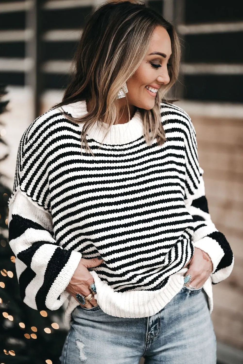 Black white Striped Drop Shoulder Bishop Sleeve Knit Sweater sold by Beagle Boutique product image thumbnail 3