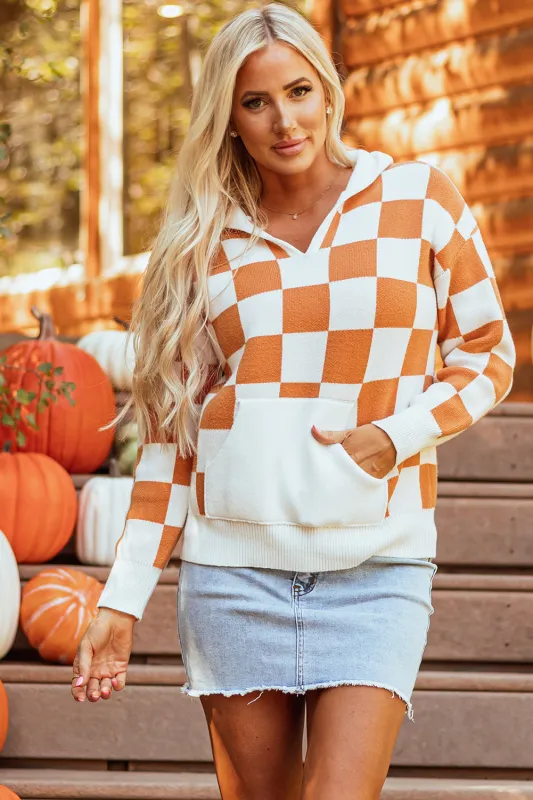 Gold Flame Checkered Split Neck Contrast Kangaroo Pocket Hoodie Sweater made by eAura