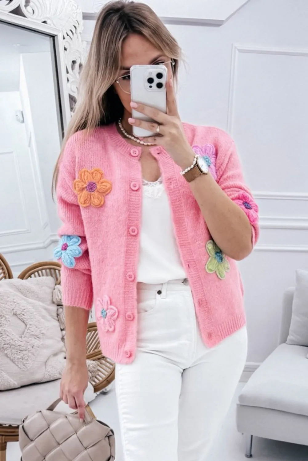 Pink Cute Knitted Floral Pattern Button Up Cardigan sold by Beagle Boutique product image thumbnail 3