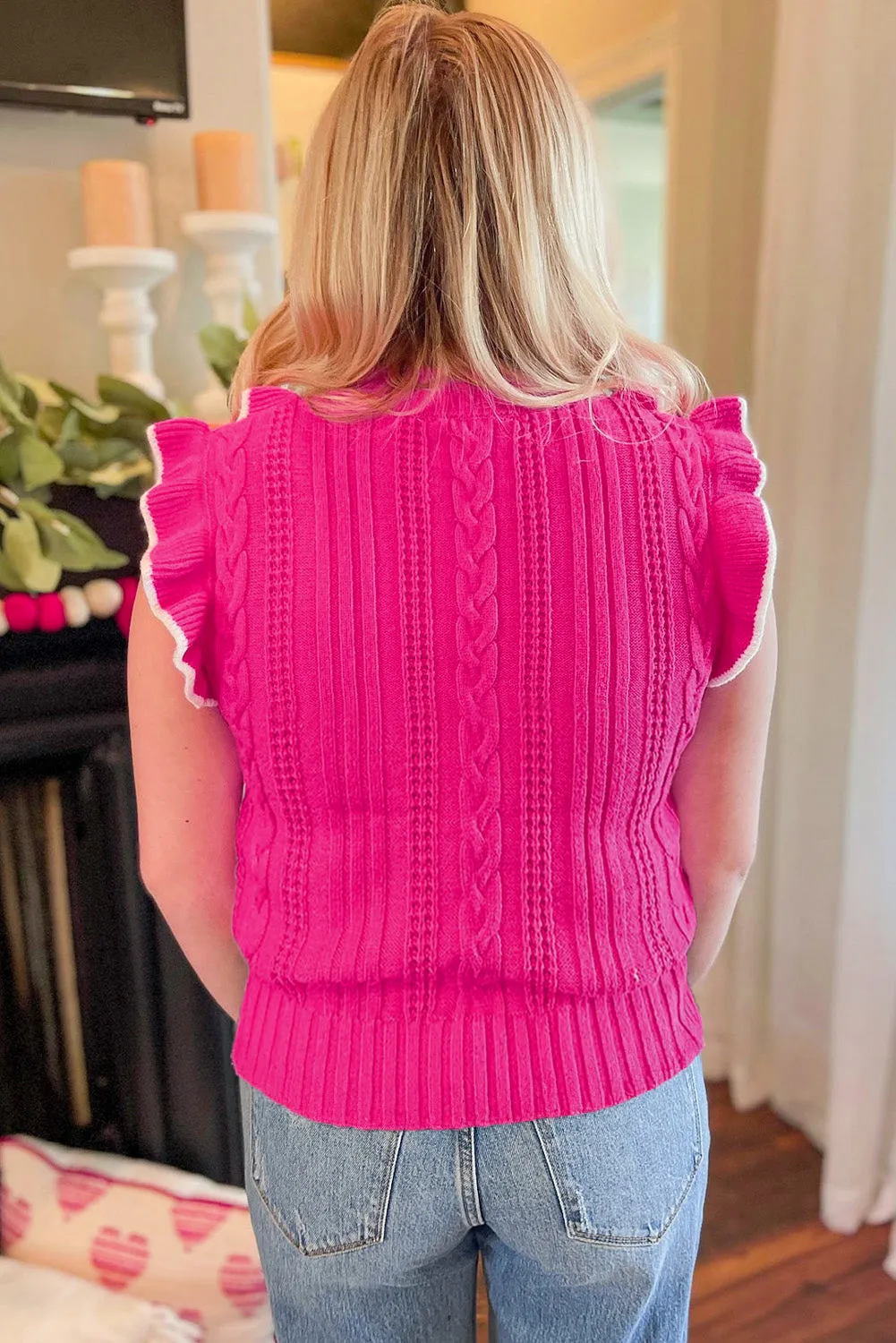 Strawberry Pink Textured Knit Ruffled Mock Neck Sweater Tank sold by Beagle Boutique product image thumbnail 2