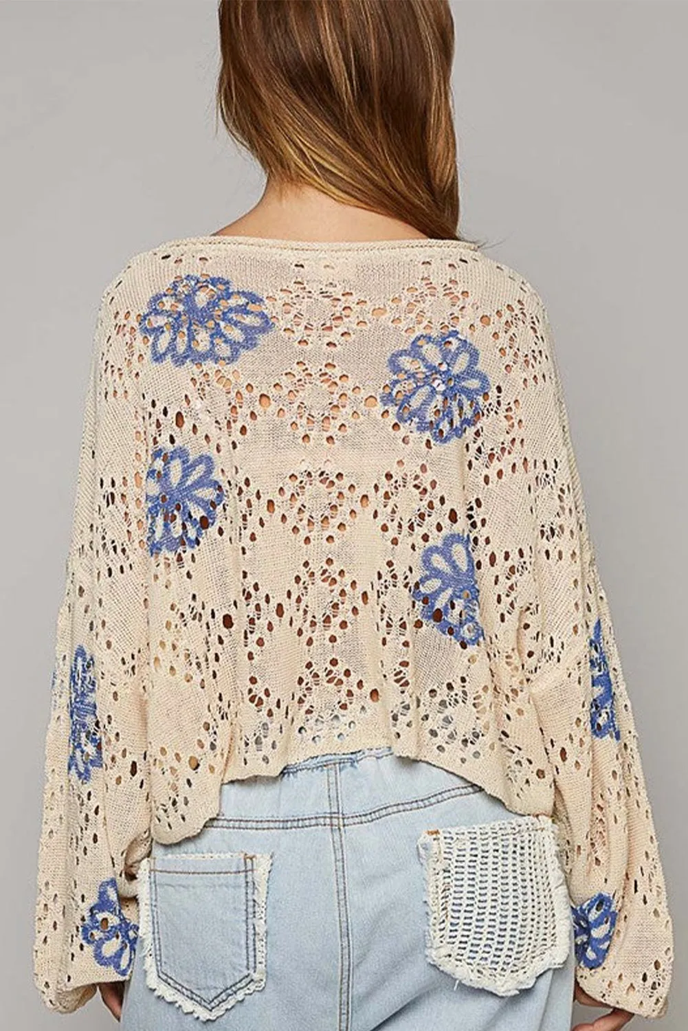 Beige Contrast Flower Print Eyelet Drop Shoulder Sweater sold by Beagle Boutique product image thumbnail 5