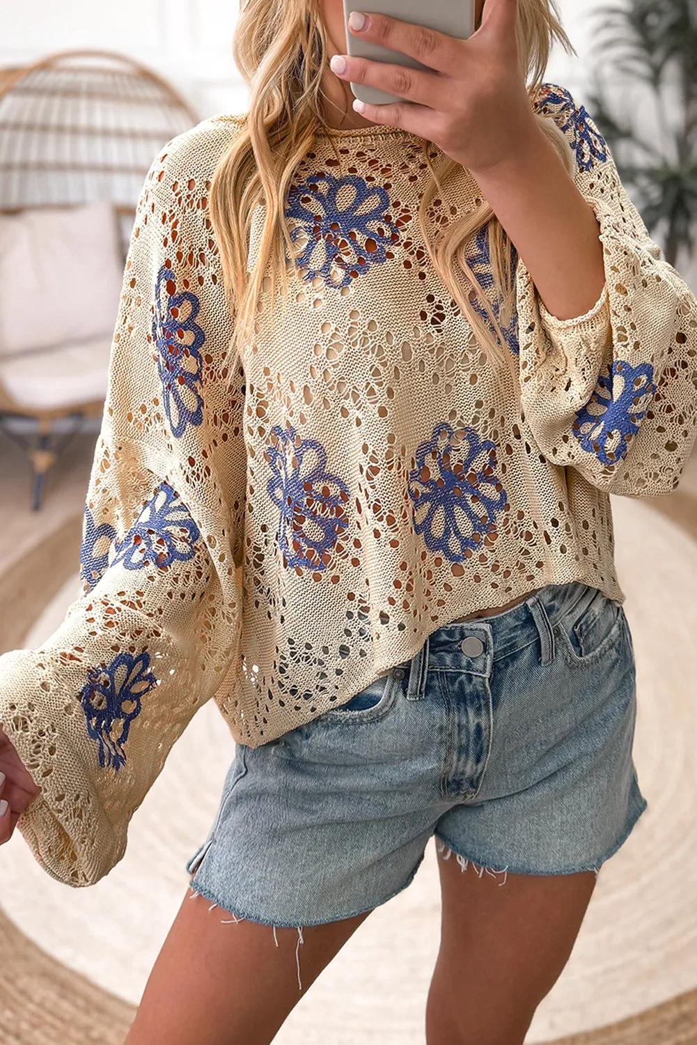 Beige Contrast Flower Print Eyelet Drop Shoulder Sweater sold by Beagle Boutique product image thumbnail 4