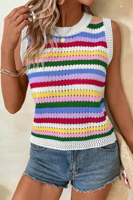 Multicolour Striped Knitted Eyelet Slim Sweater Vest sold by Beagle Boutique