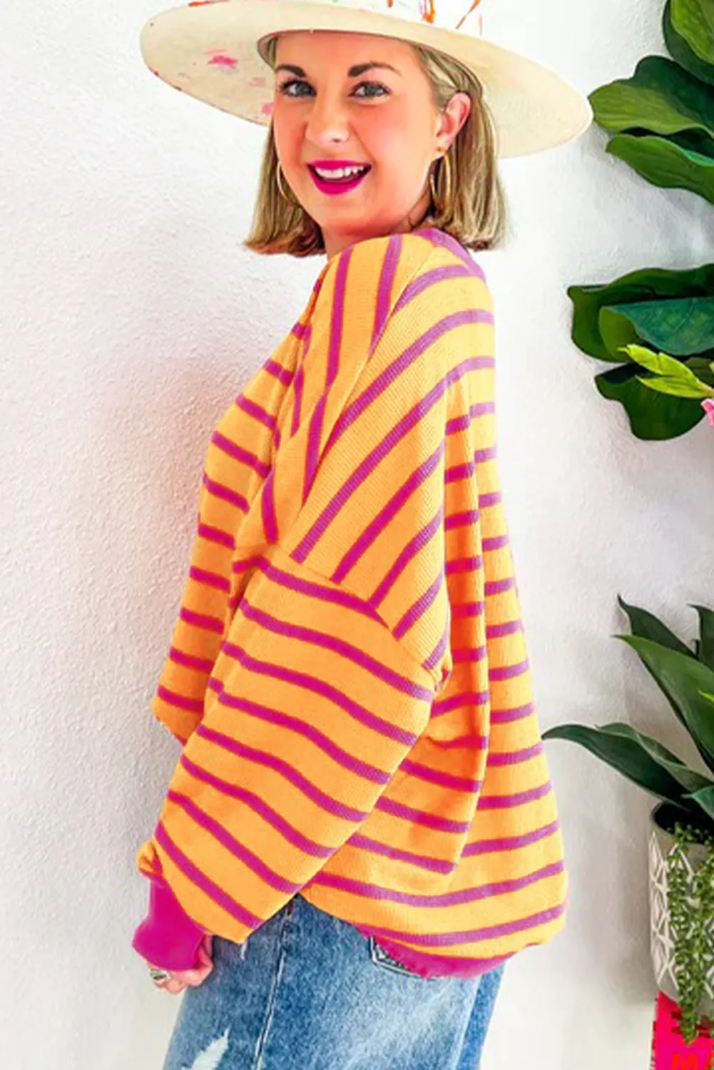 Orange Stripe Trimmed Round Neck Drop Shoulder Loose Sweater sold by Beagle Boutique product image thumbnail 2