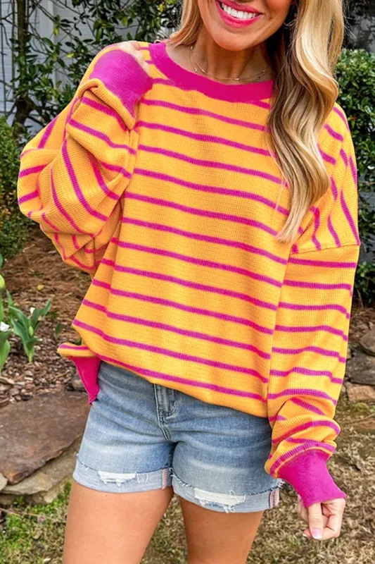Orange Stripe Trimmed Round Neck Drop Shoulder Loose Sweater sold by Beagle Boutique