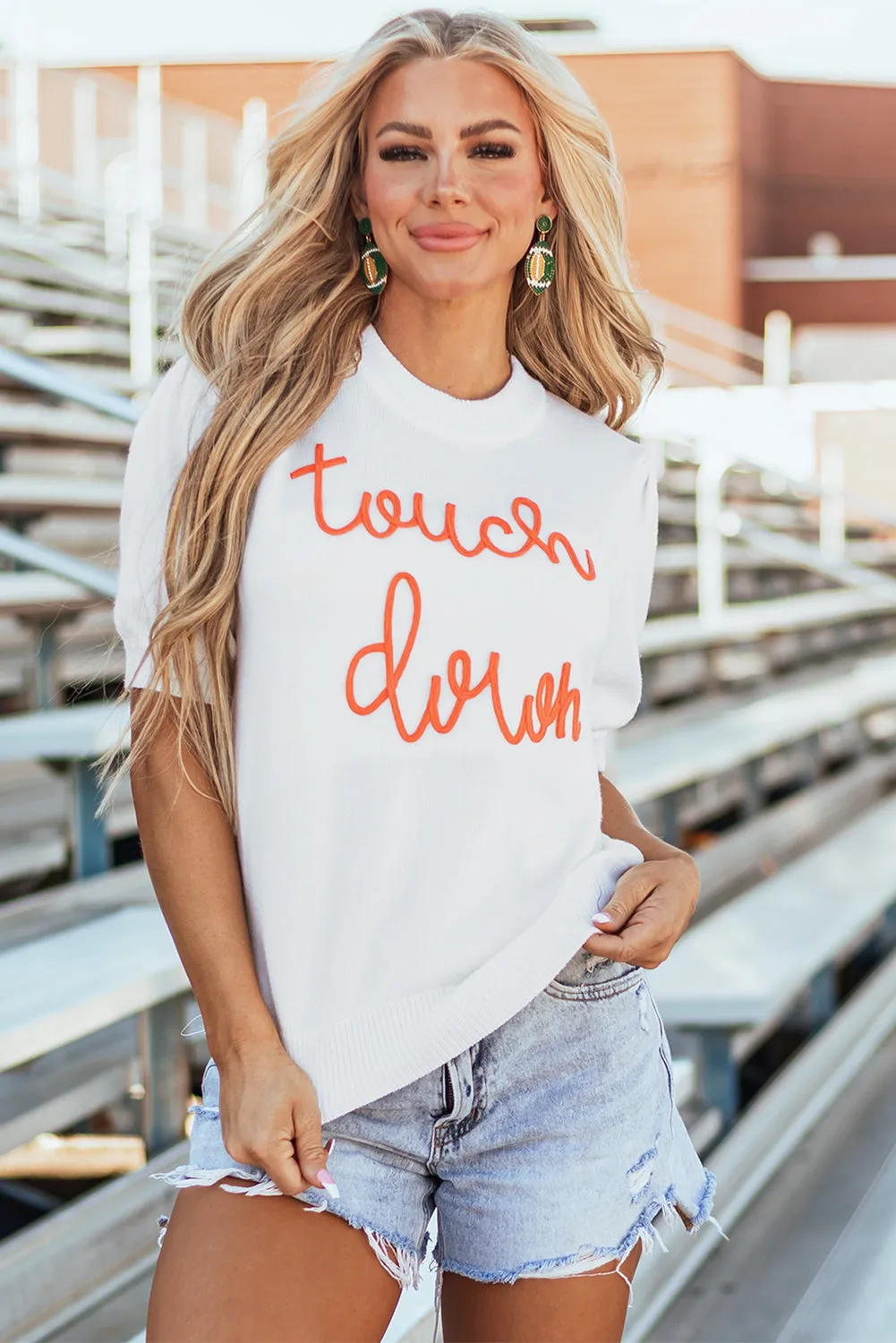 White Touchdown Tinsel Puff Short Sleeve Crew Neck Sweater sold by Beagle Boutique