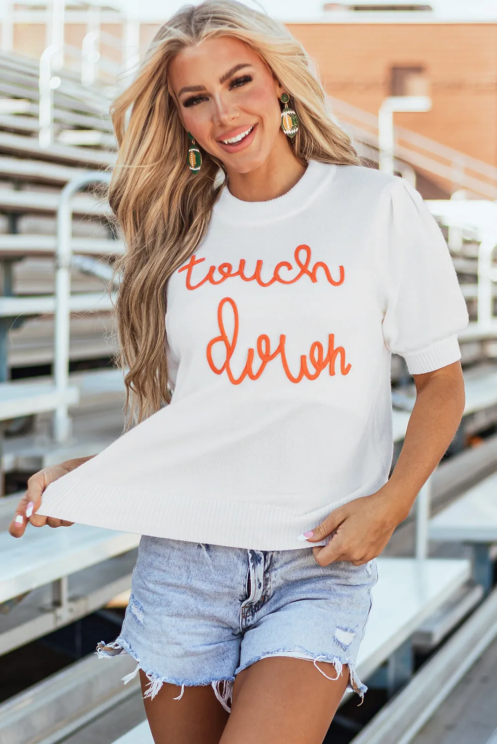 White Touchdown Tinsel Puff Short Sleeve Crew Neck Sweater sold by Beagle Boutique product image thumbnail 5